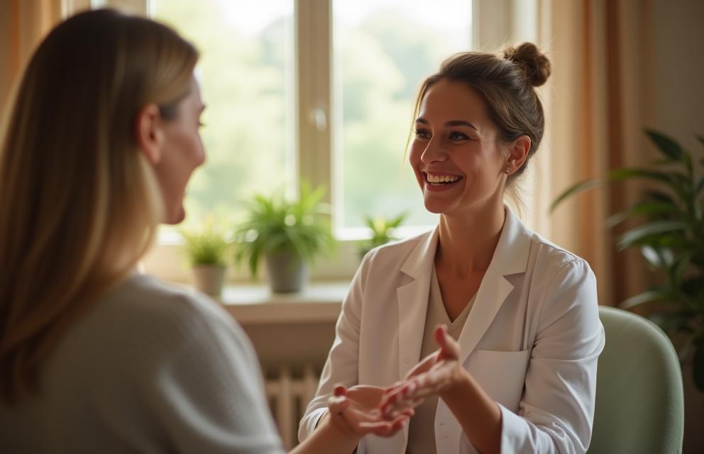 Conseillère en nutrition accueillant un client dans un environnement chaleureux